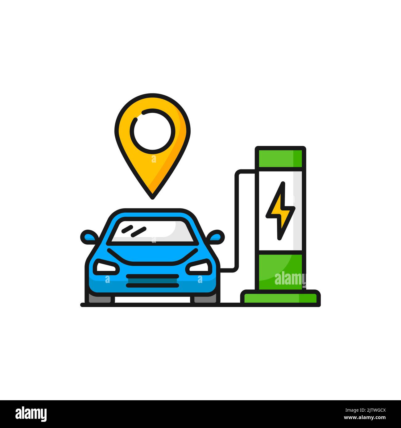 Electric car charge at charging station with place point sign isolated color icon. Vector charging point, eco friendly hybrid car on plug Stock Vector