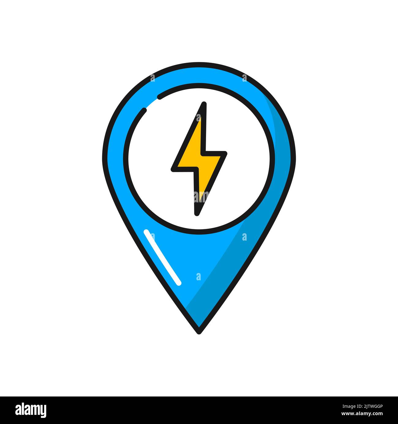 Pinpoint, map point with bolt power sign isolated color line icon. Vector place on map, location where you can charge electric car, charging station Stock Vector