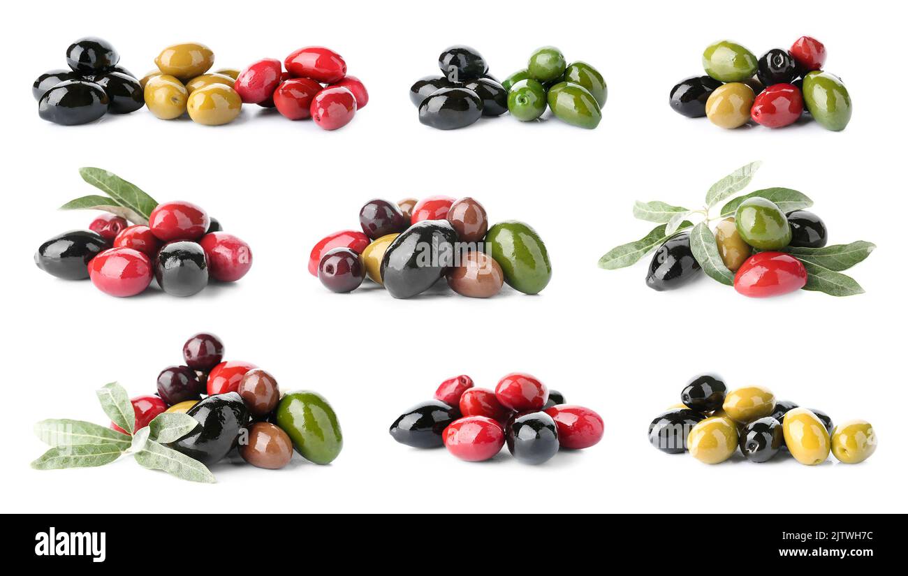 Different types of tasty olives isolated on white Stock Photo Alamy
