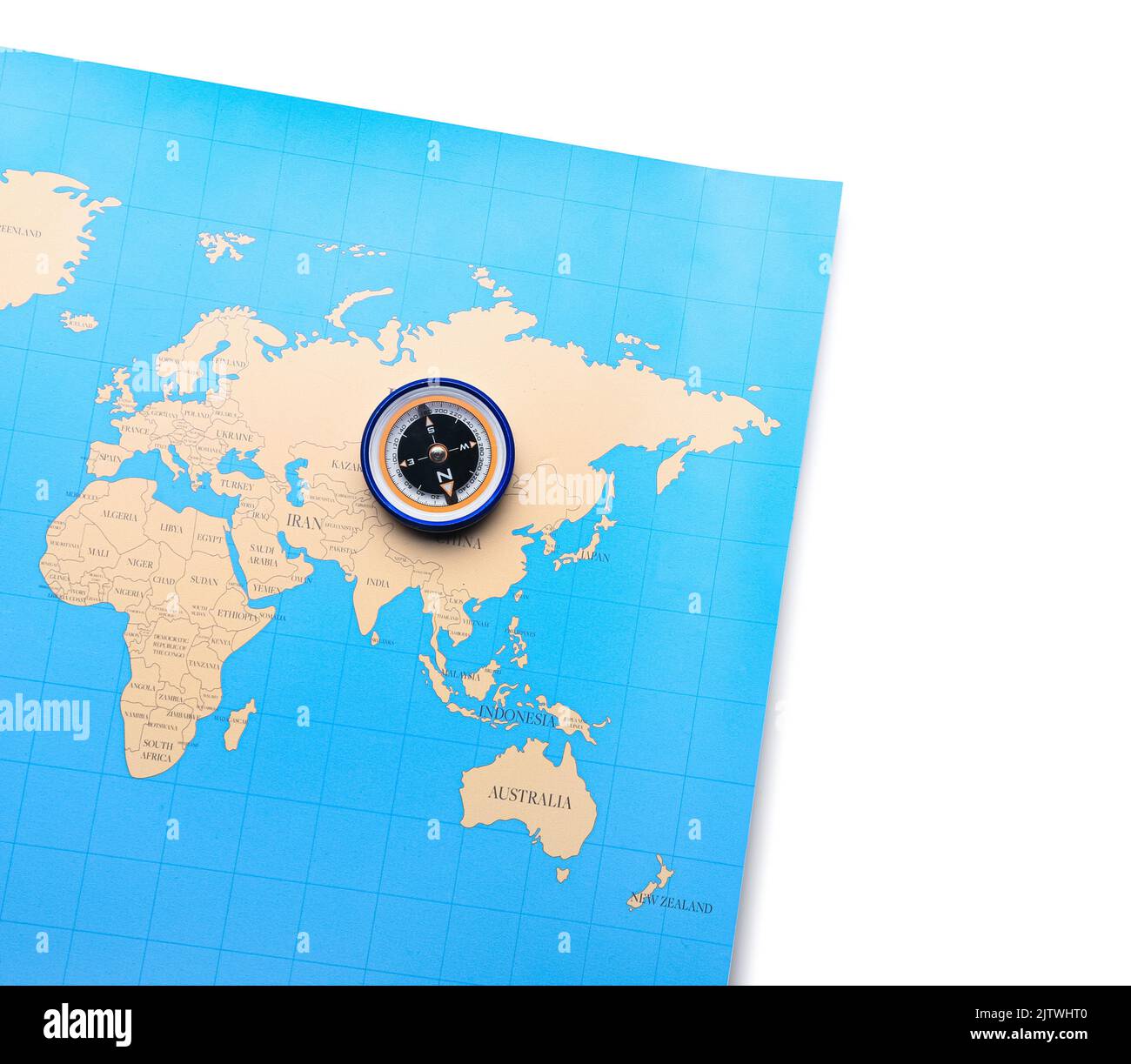 World map and compass isolated on white background Stock Photo - Alamy