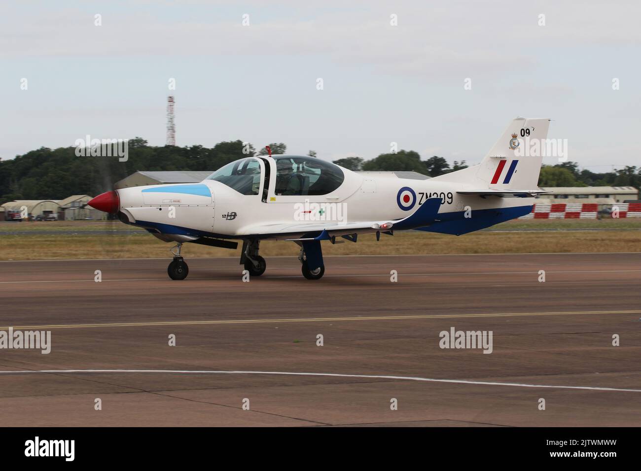 ZM309, a Grob Prefect T1 operated by the Royal Air Force (RAF), arriving at RAF Fairford in Gloucestershire, England, to participate in the Royal International Air Tattoo 2022 (RIAT 2022). Stock Photo