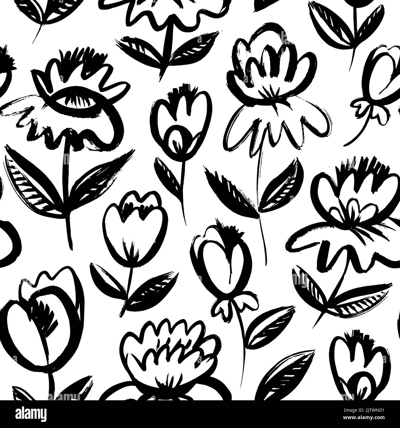 Seamless pattern with black brush drawn flowers. Stock Vector