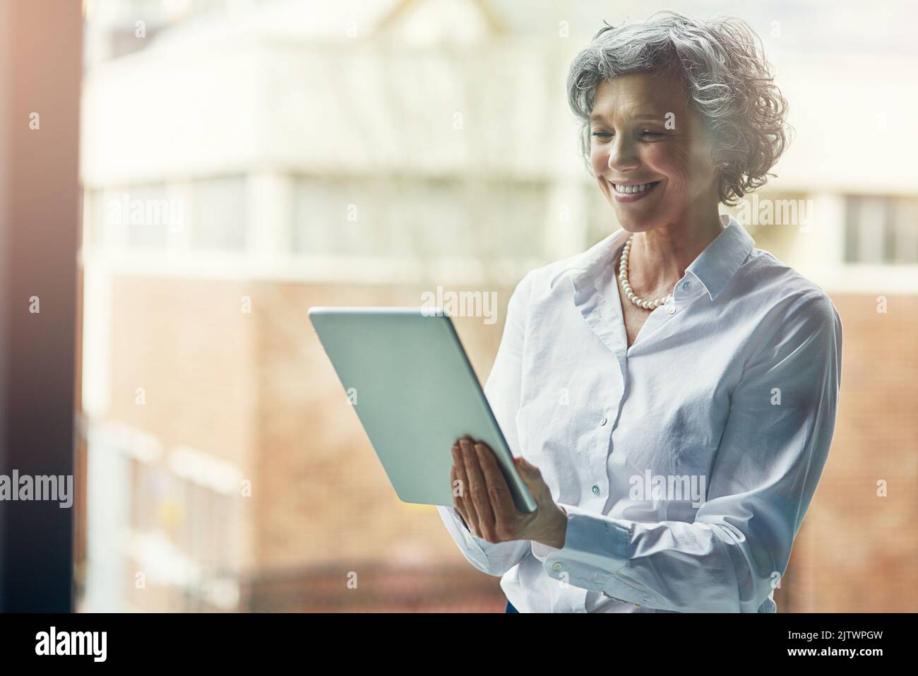 Advancing her way through business with technology. a mature businesswoman working on a digital tablet. Stock Photo