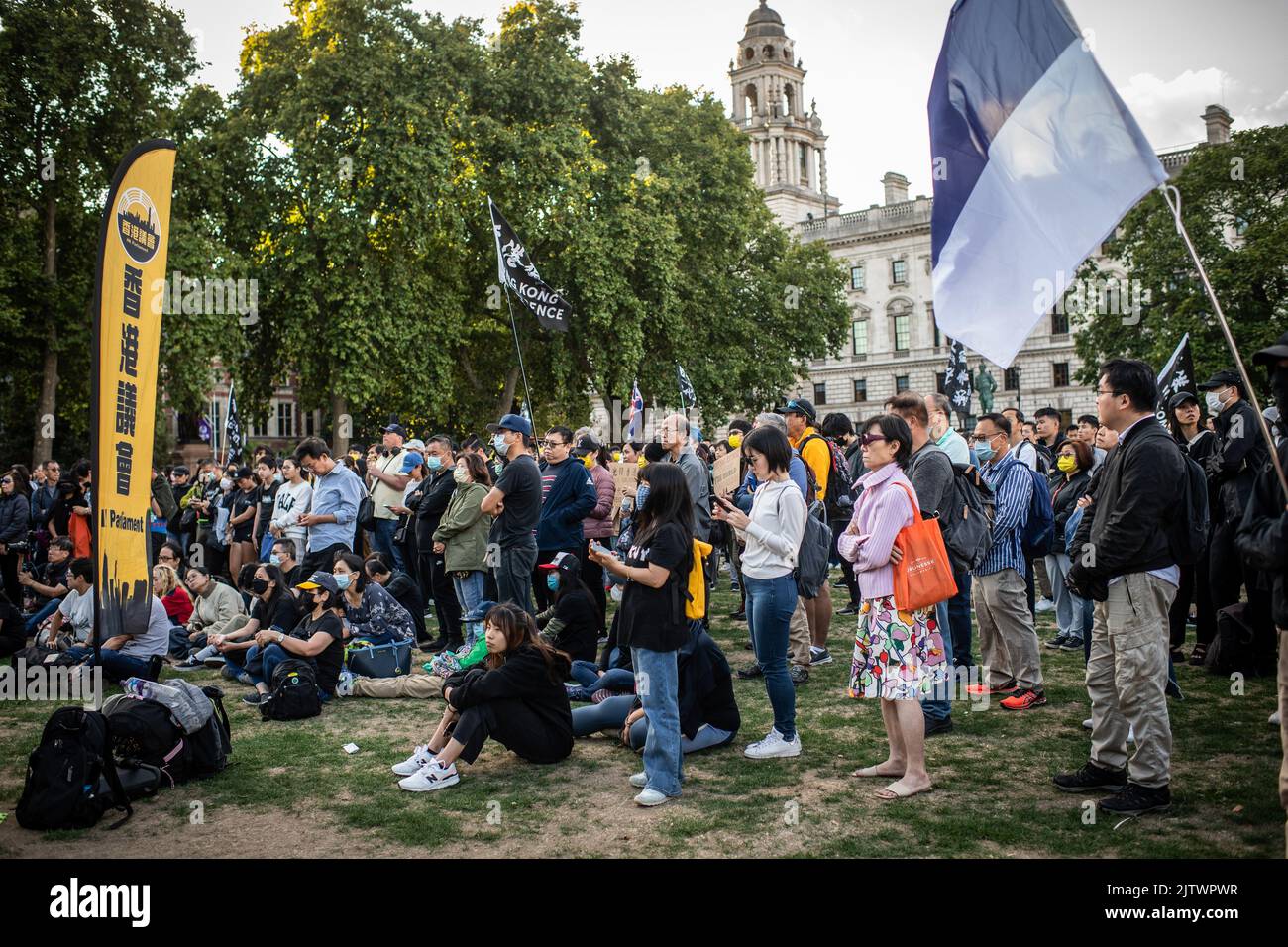 London, UK. 31st Aug, 2022. Hong Kong democracy protesters gather at Parliament Square Garden during the demonstration. Protesters gathered in London on the third anniversary of the Hong Kong police entering a metro station and beating protesters and commuters, an event that pro-democracy activists say exemplify the impunity and abuse of the Hong Kong police. Credit: SOPA Images Limited/Alamy Live News Stock Photo