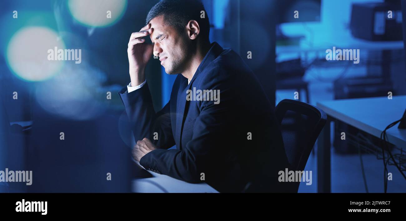 Headache, mental health and businessman in pain due to migraine caused by stress, anxiety and burnout at work. Accounting professional feeling Stock Photo