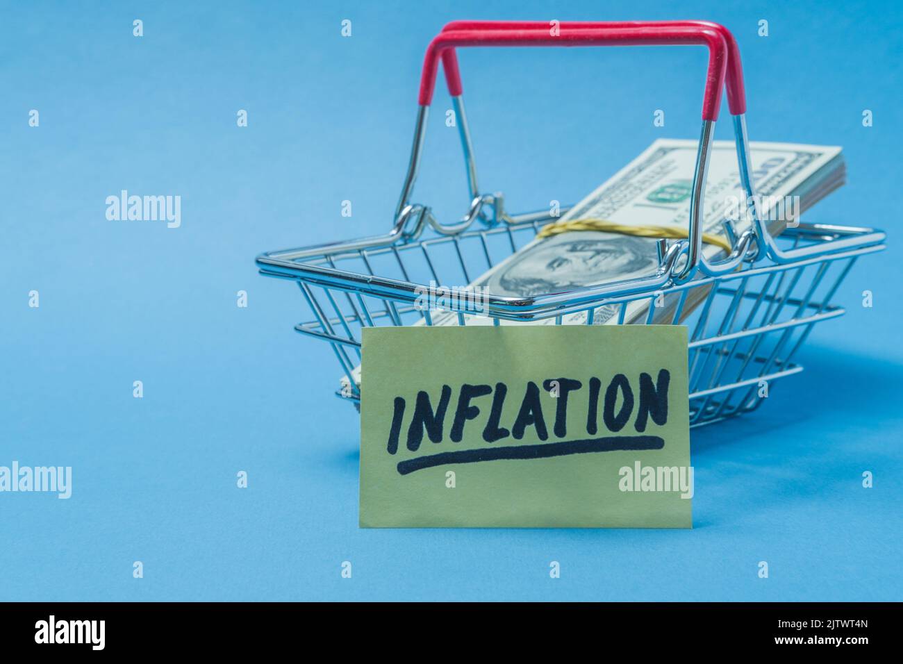 Dollars are in a grocery basket, with a poster on which the inscription