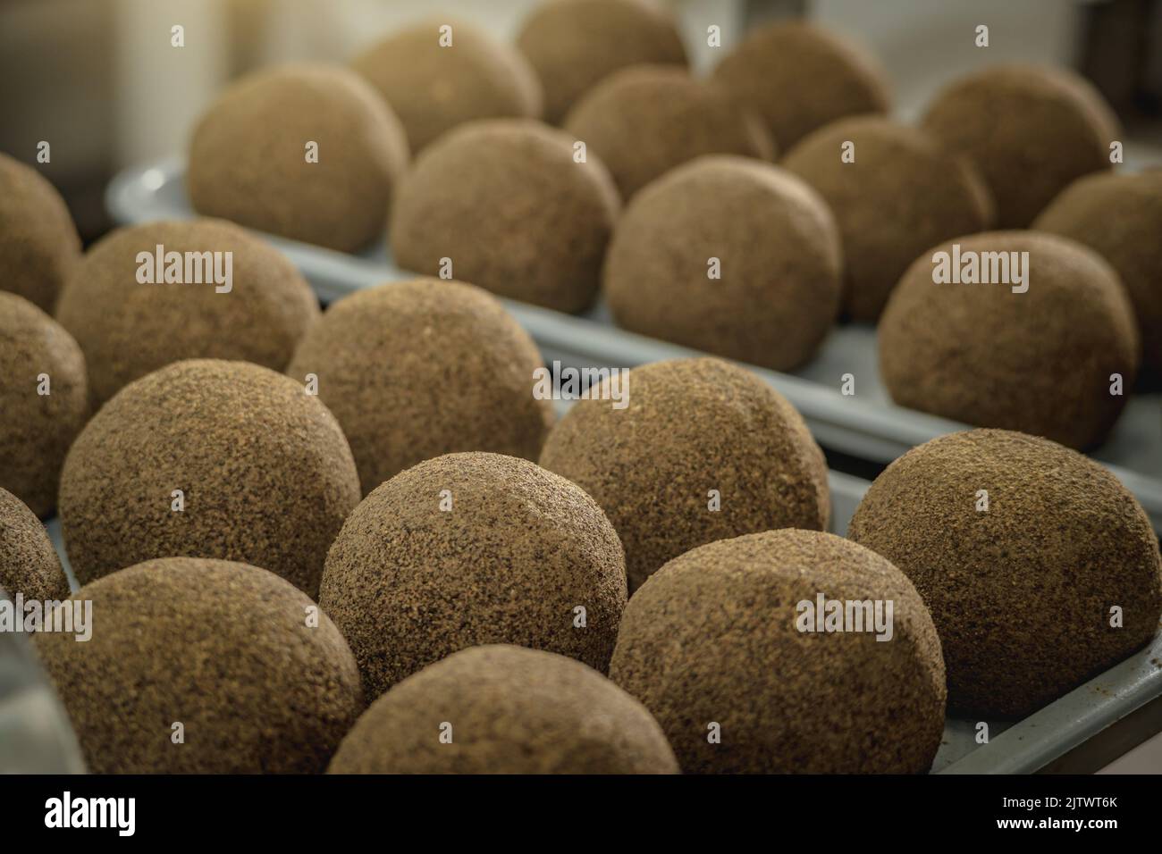 Cheese balls sprinkled with black pepper lie in a row . The production process of spicy Belper