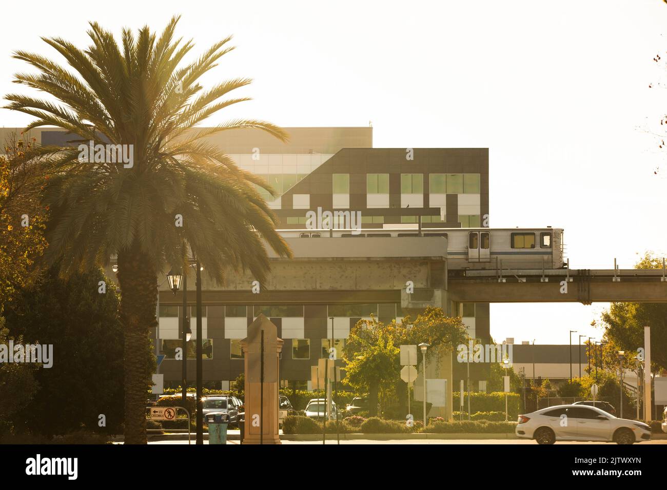 Sunset view of the downtown skyline of San Leandro, California, USA