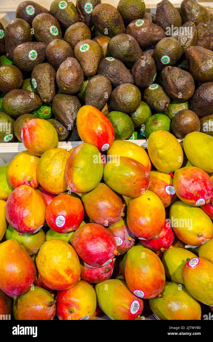 Fresh fruit and vegetable display in supermarket .Photo: David Rowland / One-Image.com Stock Photo