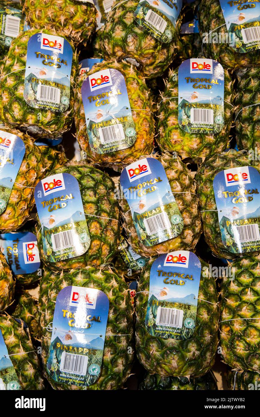 Box of whole pineapples in supermarket .Photo: David Rowland / One-Image.com Stock Photo