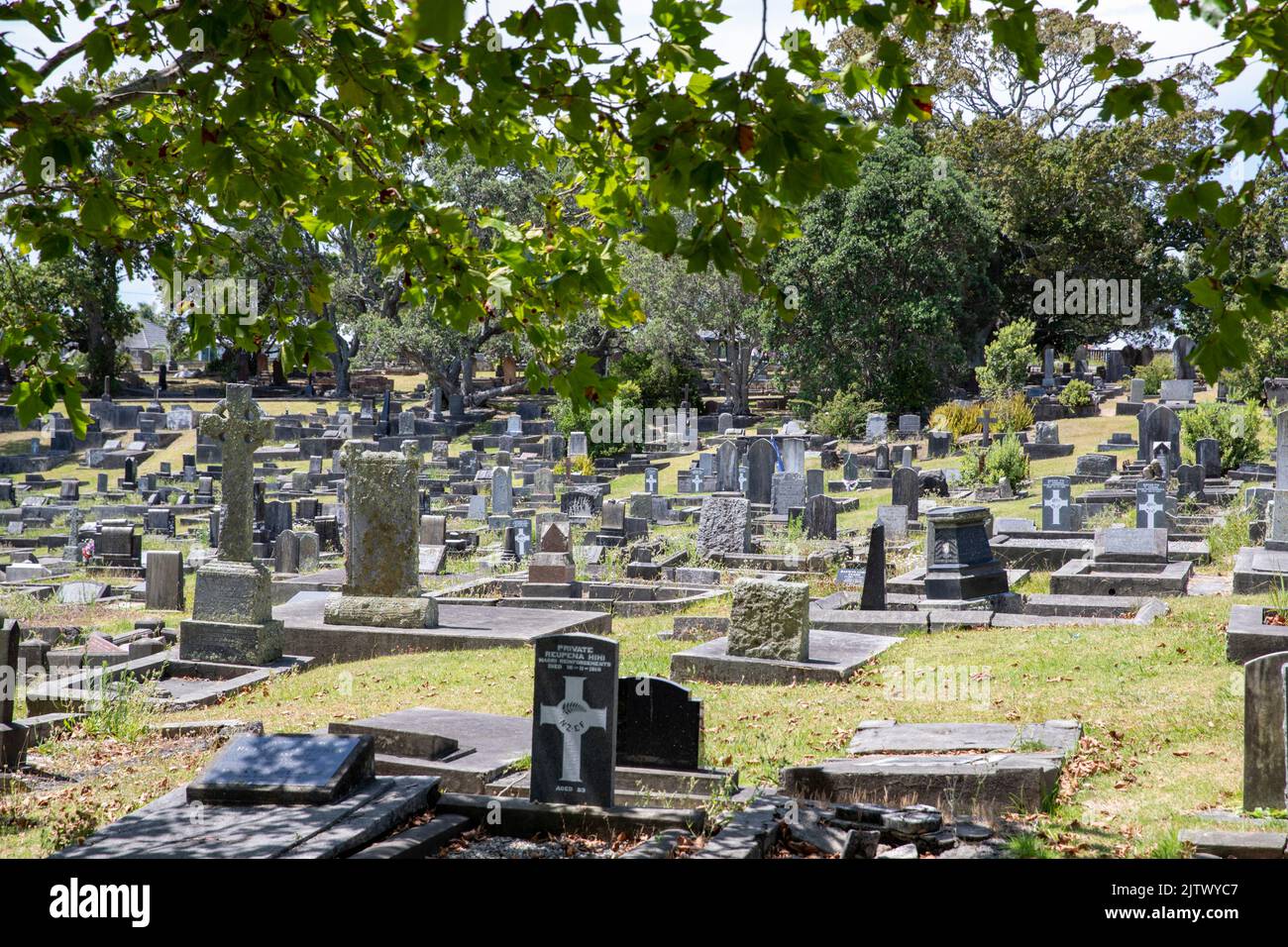 Historic O’Neills Point Cemetery houses 42 first world war graves adjoins the Belmont Suburb, Auckland, New Zealand, Tuesday, February 04, 2020. Stock Photo