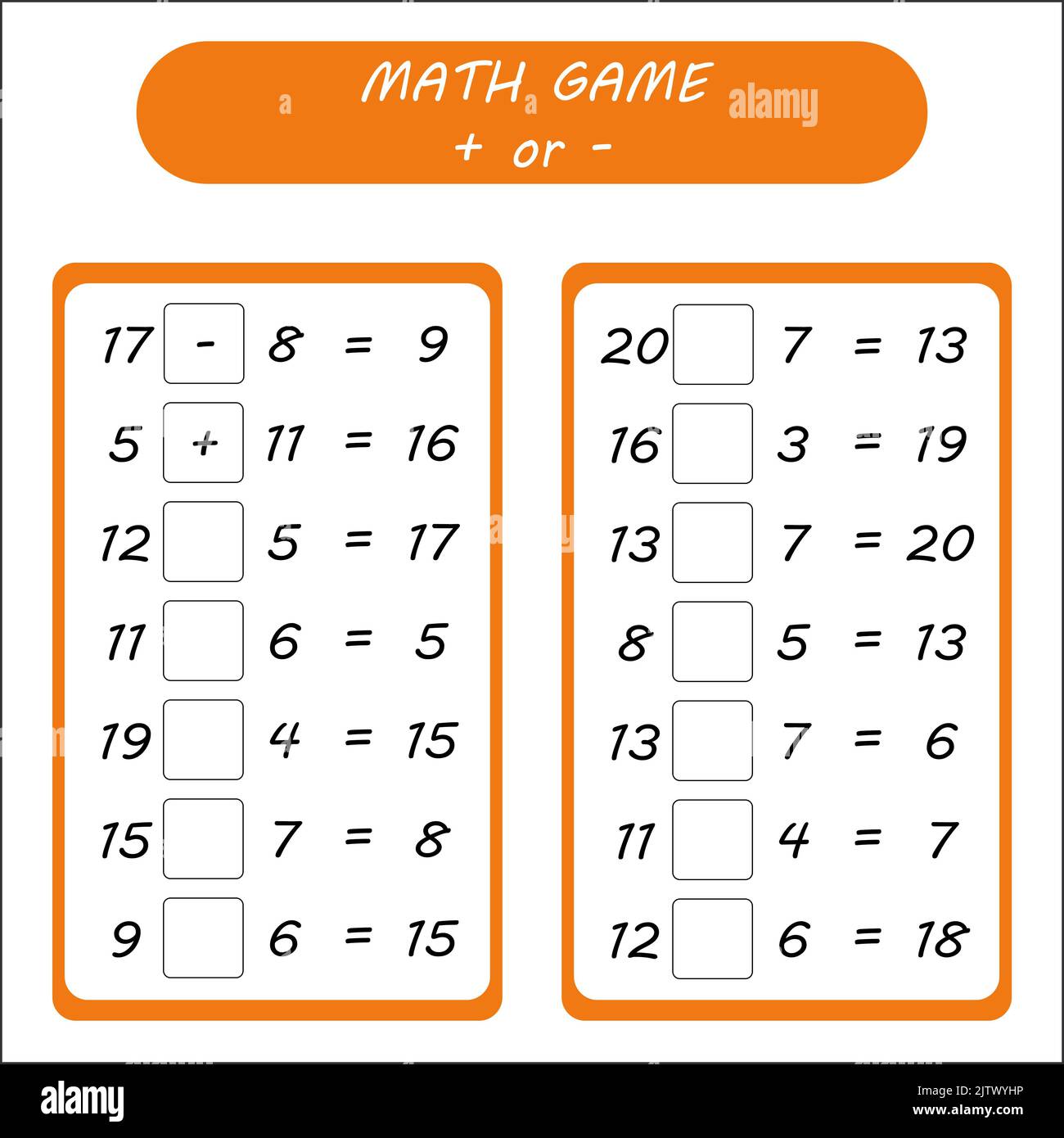 Math game. Plus or minus. Set worksheets for kids preschool and school age. Stock Photo