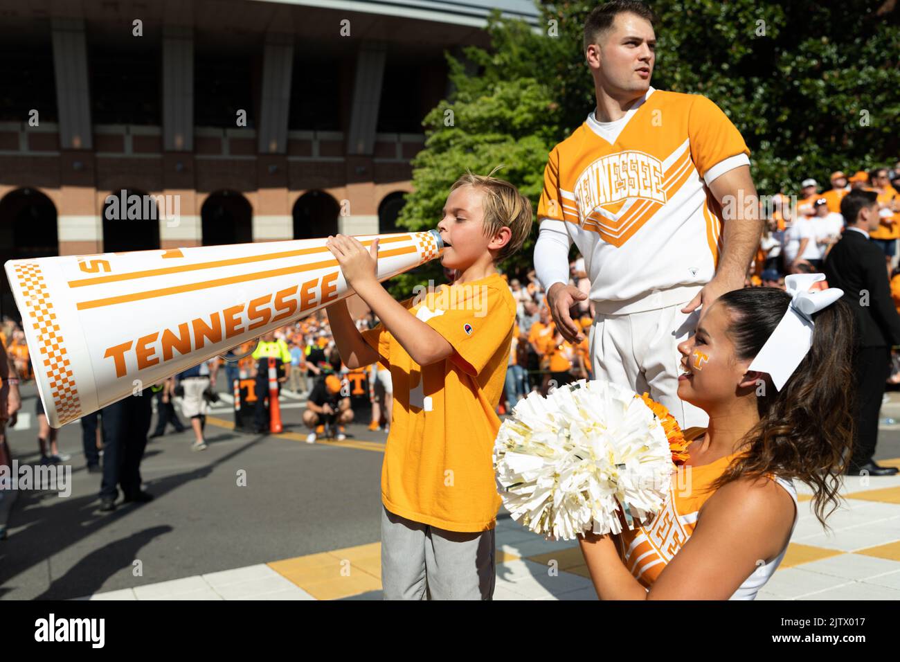 September 1, 2022: Tennessee Volunteers cheerleaders and a young fan before the NCAA football game between the University of Tennessee Volunteers and the Ball State Cardinals at Neyland Stadium in Knoxville TN Tim Gangloff/CSM Stock Photo