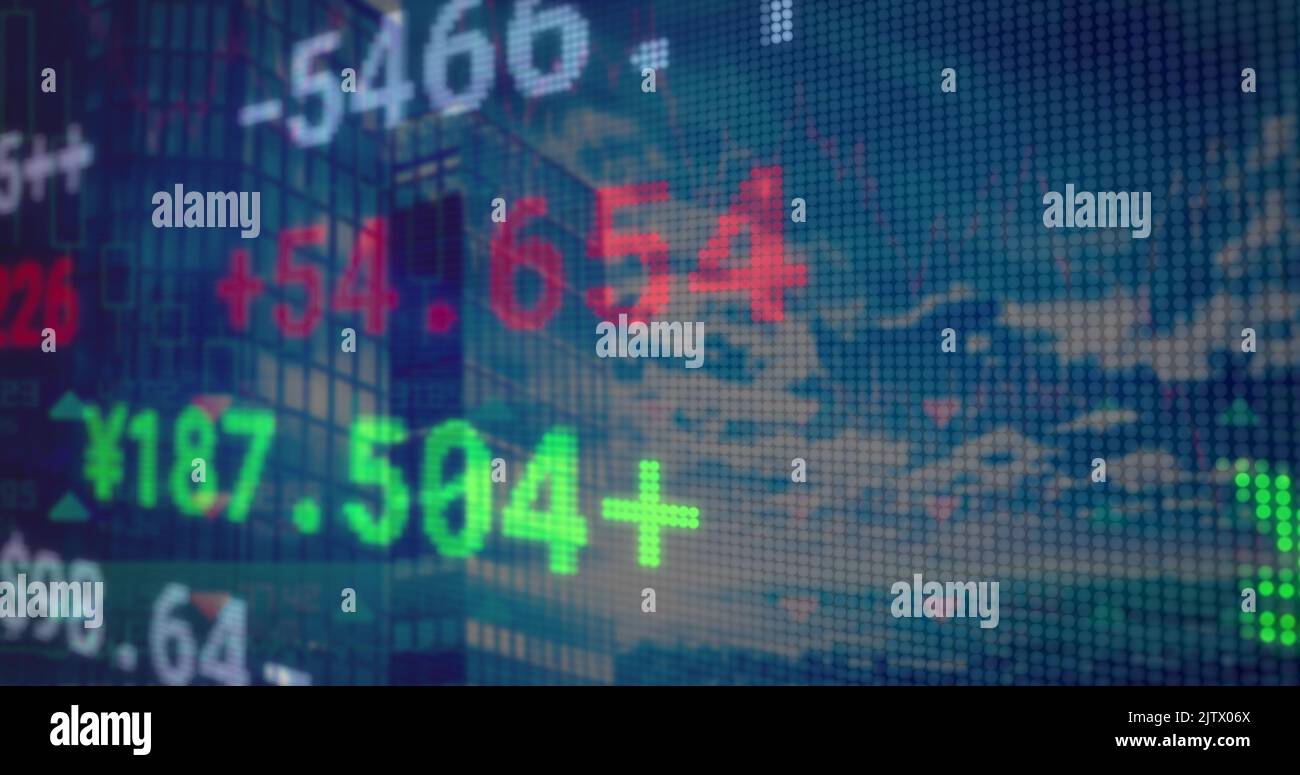Image of data processing over modern buildings Stock Photo