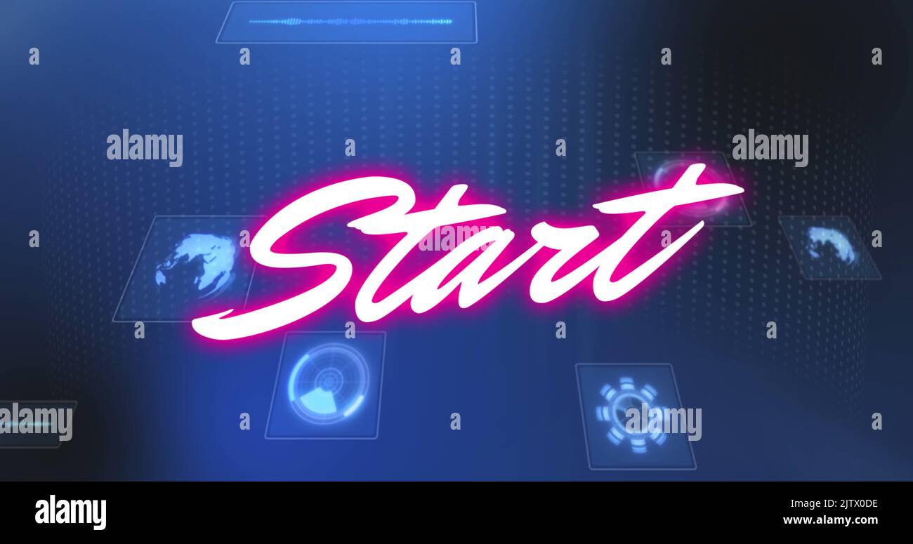 Image of start text and data processing on blue background Stock Photo