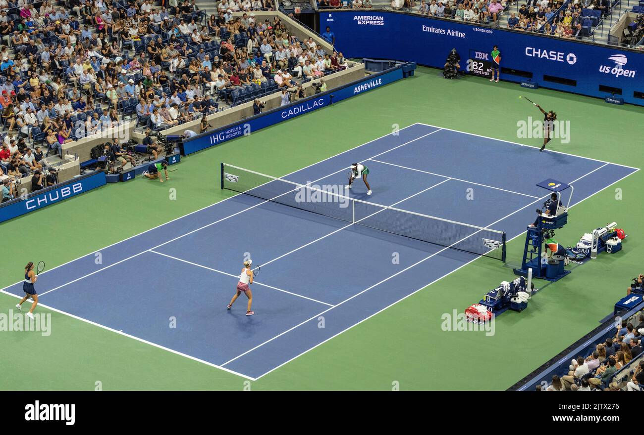 Serena Williams and Venus Williams play during 1st round of women doubles US Open Championships against Lucie Hradecka and Linda Noskova of Czech Republic at Billie Jean King National Tennis Center Stock Photo