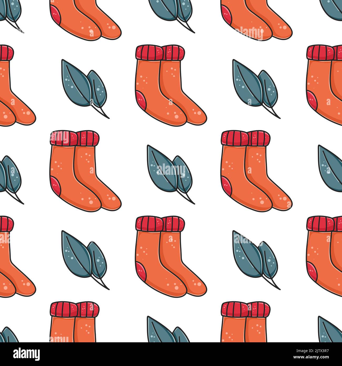Autumn background with warm knitted socks and leaves. Seamless cozy seasonal pattern. Print with autumn symbols for textiles, paper, packaging and des Stock Vector
