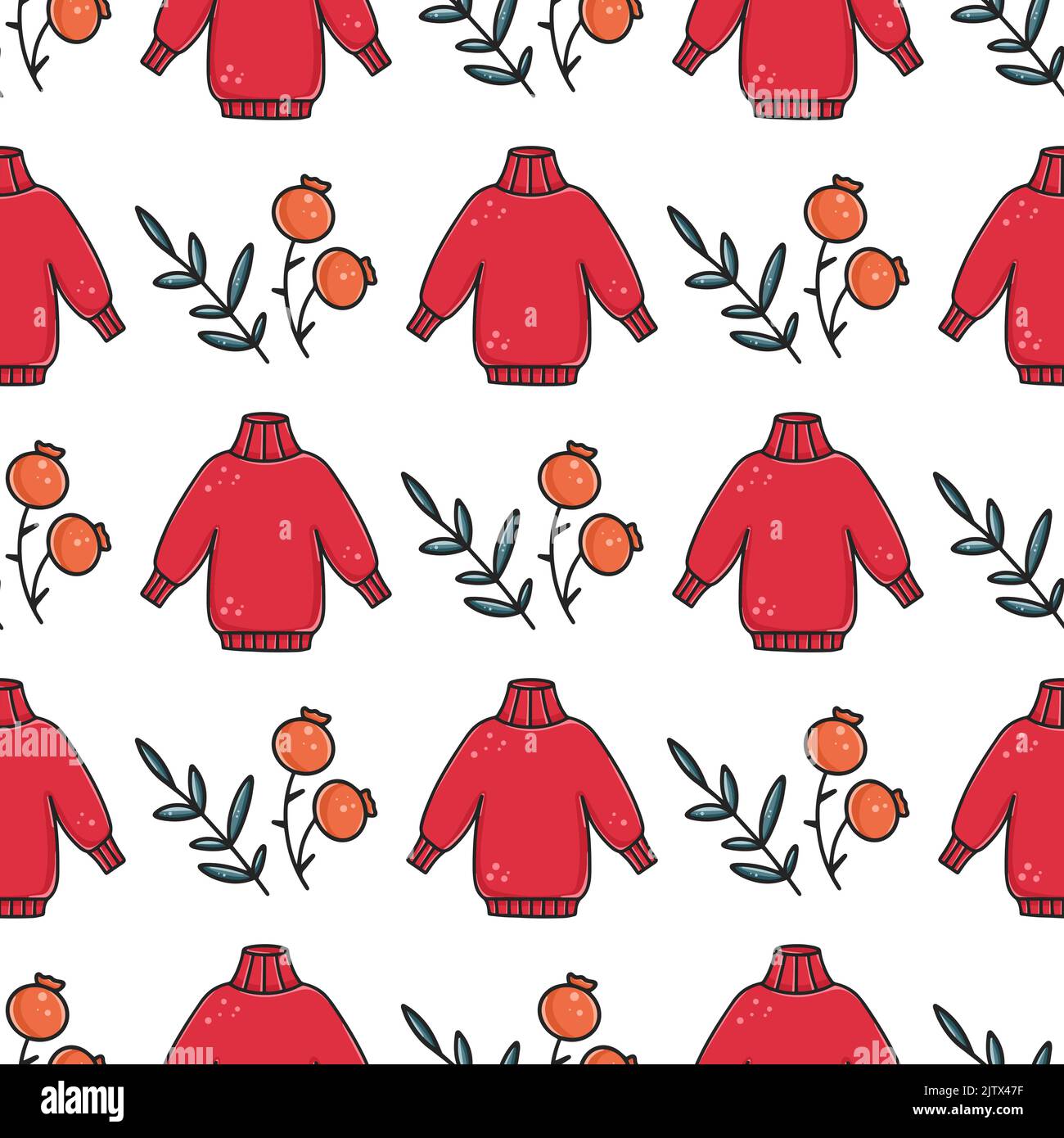 Autumn seamless pattern with knitted sweaters, berries and leaves. Cozy fall background. Print with autumn or winter symbols for textiles, paper Stock Vector