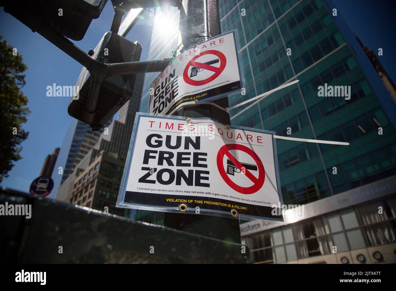 New York, USA. 1st Sep, 2022. Gunfree zone signages are seen near Times Square in New York, the