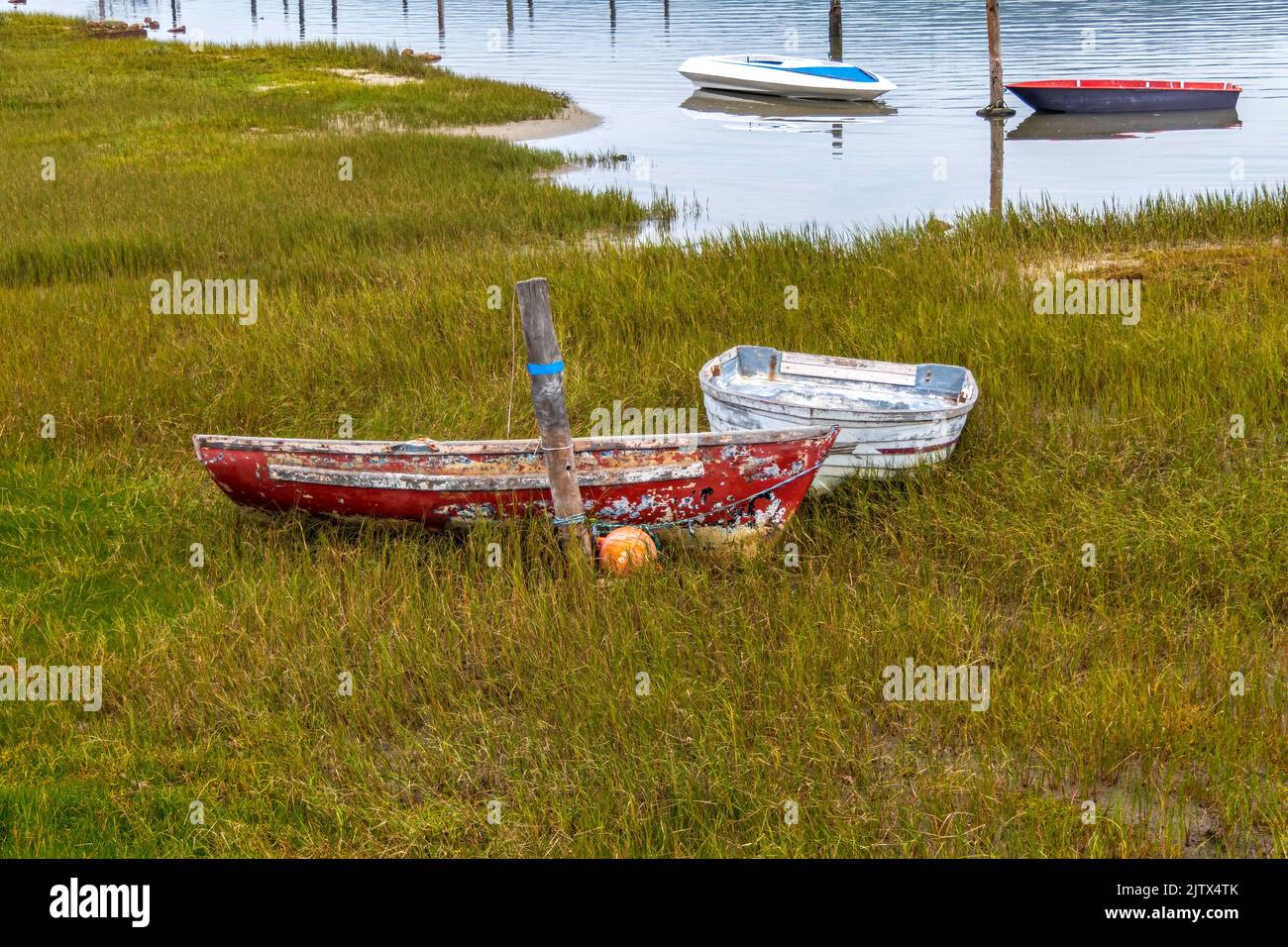 Old wooden fishing boat on the green grass on the shore of the sea bay Stock Photo