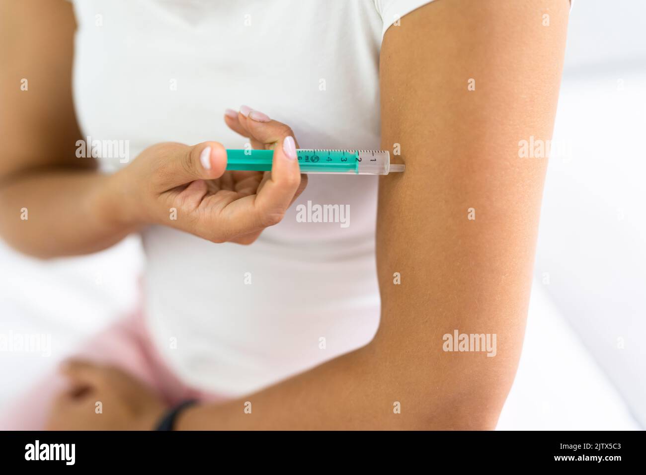 Medicine Pen Inject. Woman With Diabetes Treatment Stock Photo