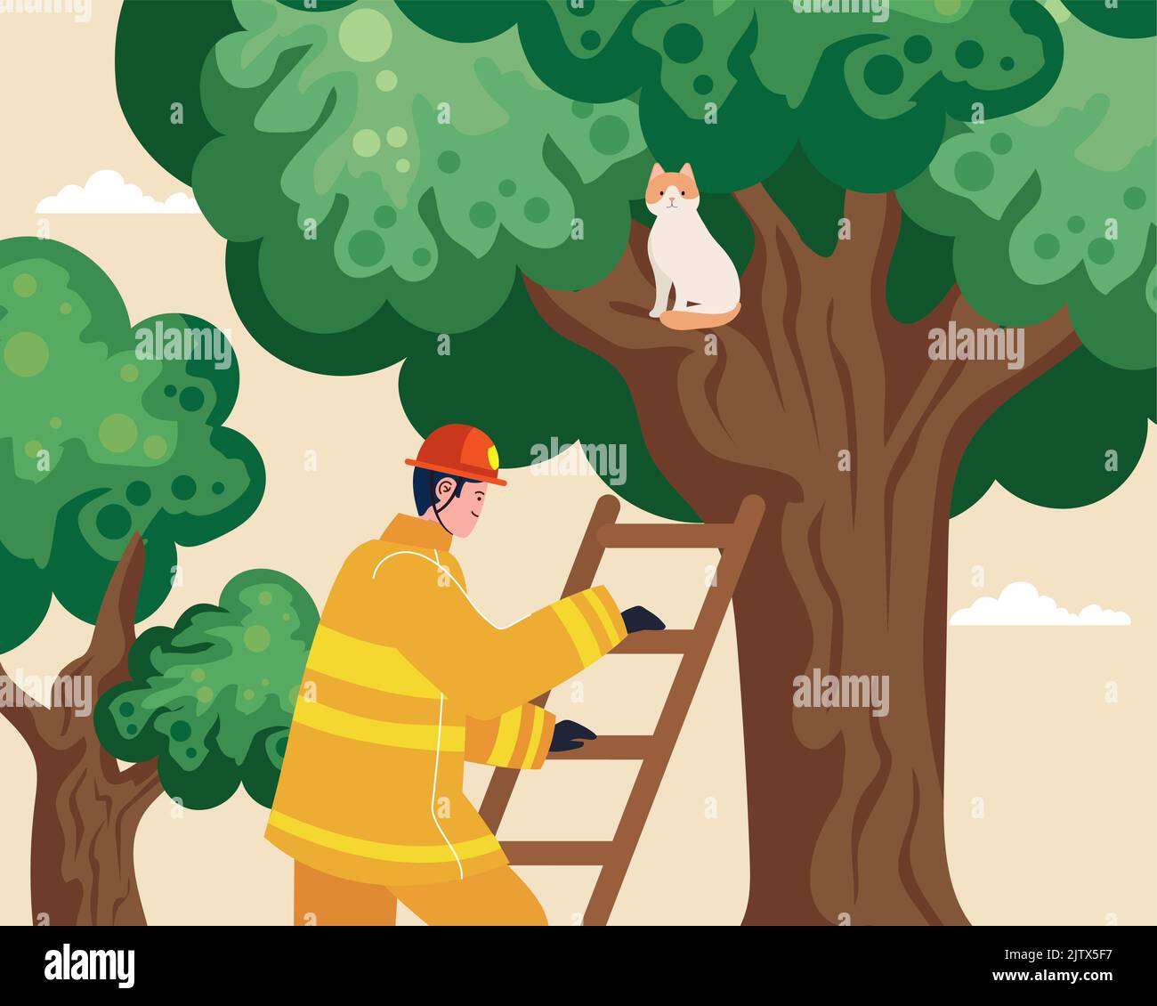 fireman rescuing cat in tree Stock Vector