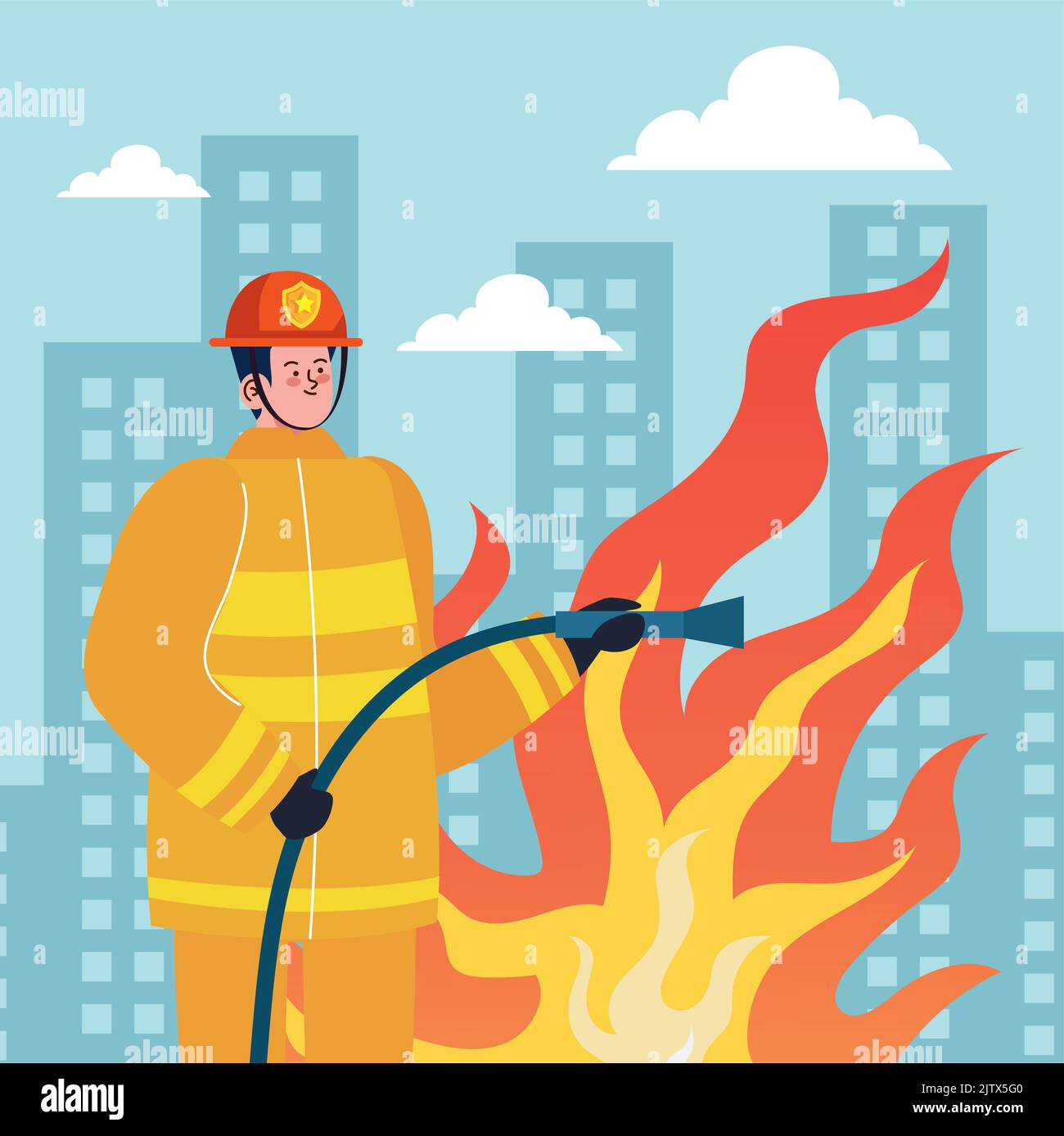 firefighter with hose on the city Stock Vector Image & Art - Alamy