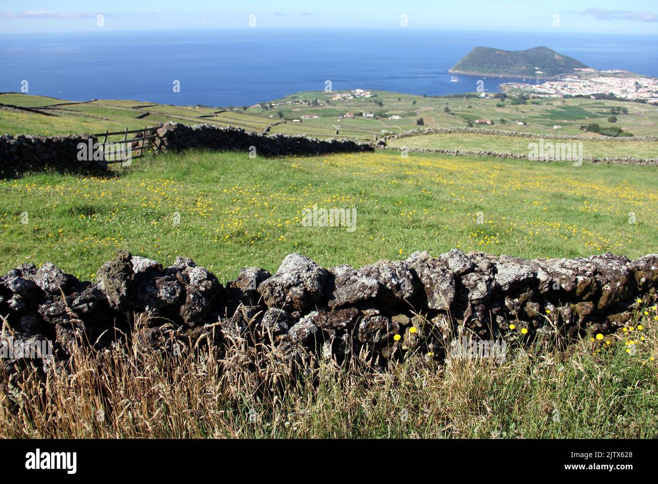 Rural landscape, with green pastures and stone fences, sloping toward the ocean coast, Terceira Island, Azores, Portugal Stock Photo