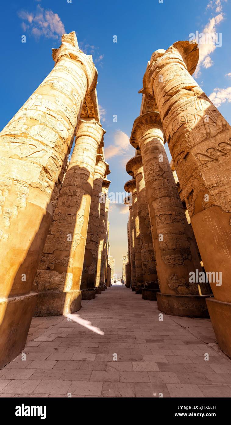 Ancient Columns in the Great Hypostyle Hall, Karnak Temple, Luxor, Egypt. Stock Photo