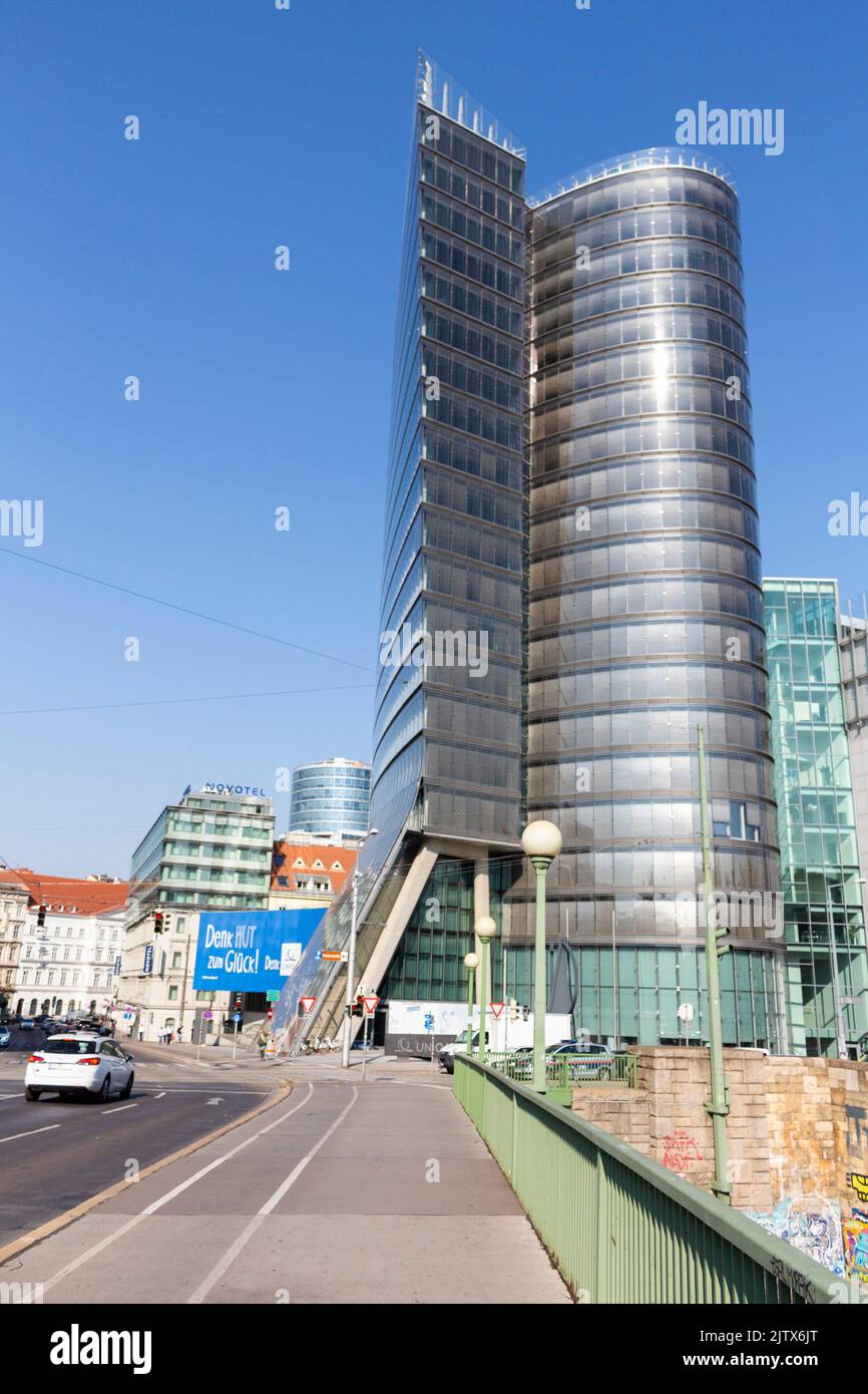 VIENNA, AUSTRIA: Uniqua tower. Corporate modern building in downtown Vienna. Uniqua is Insurance company from Austria. Stock Photo
