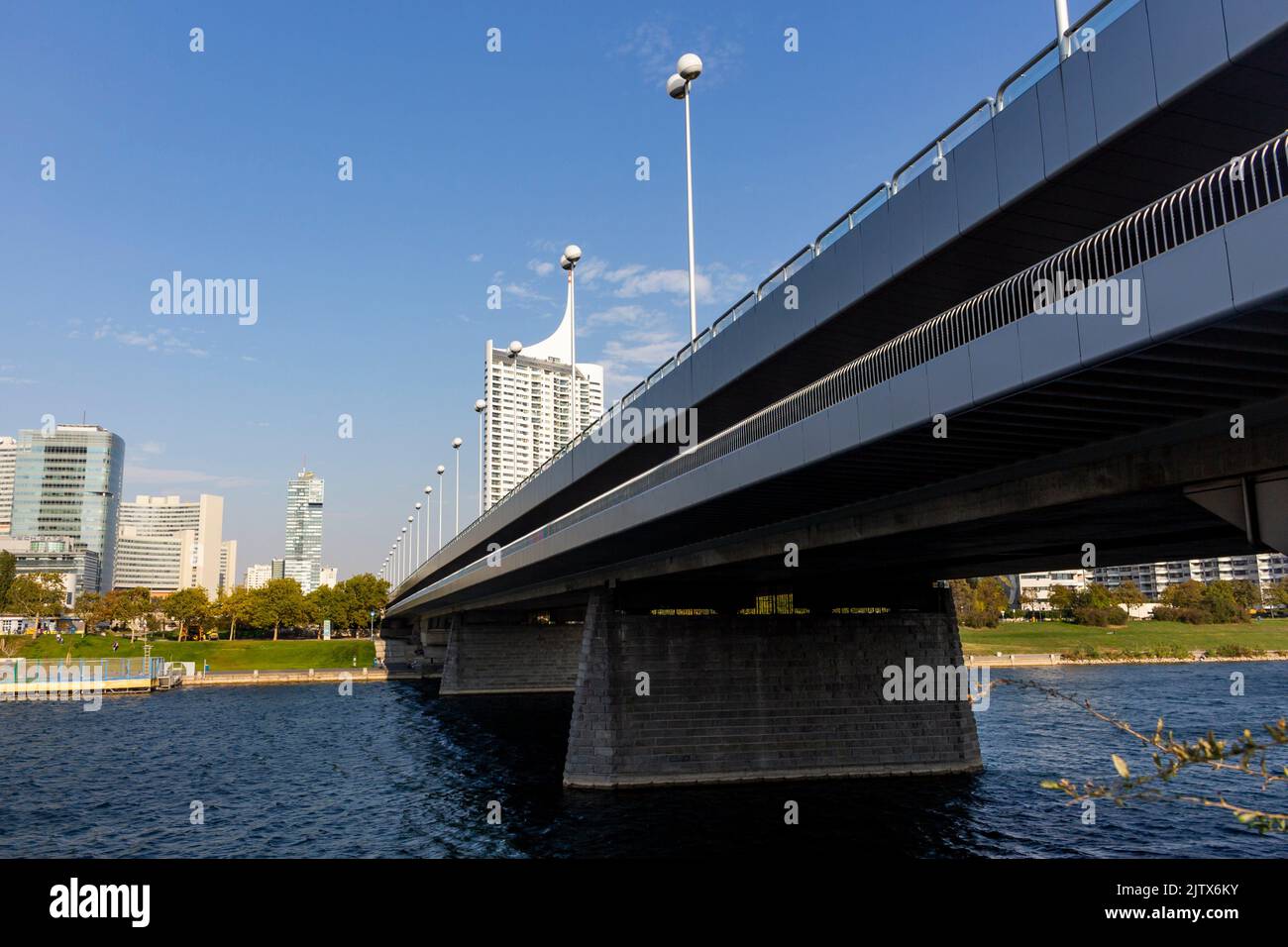VIENNA, AUSTRIA: Reichsbrücke (Imperial Bridge) over the Danube river in Vienna, Austria. Stock Photo