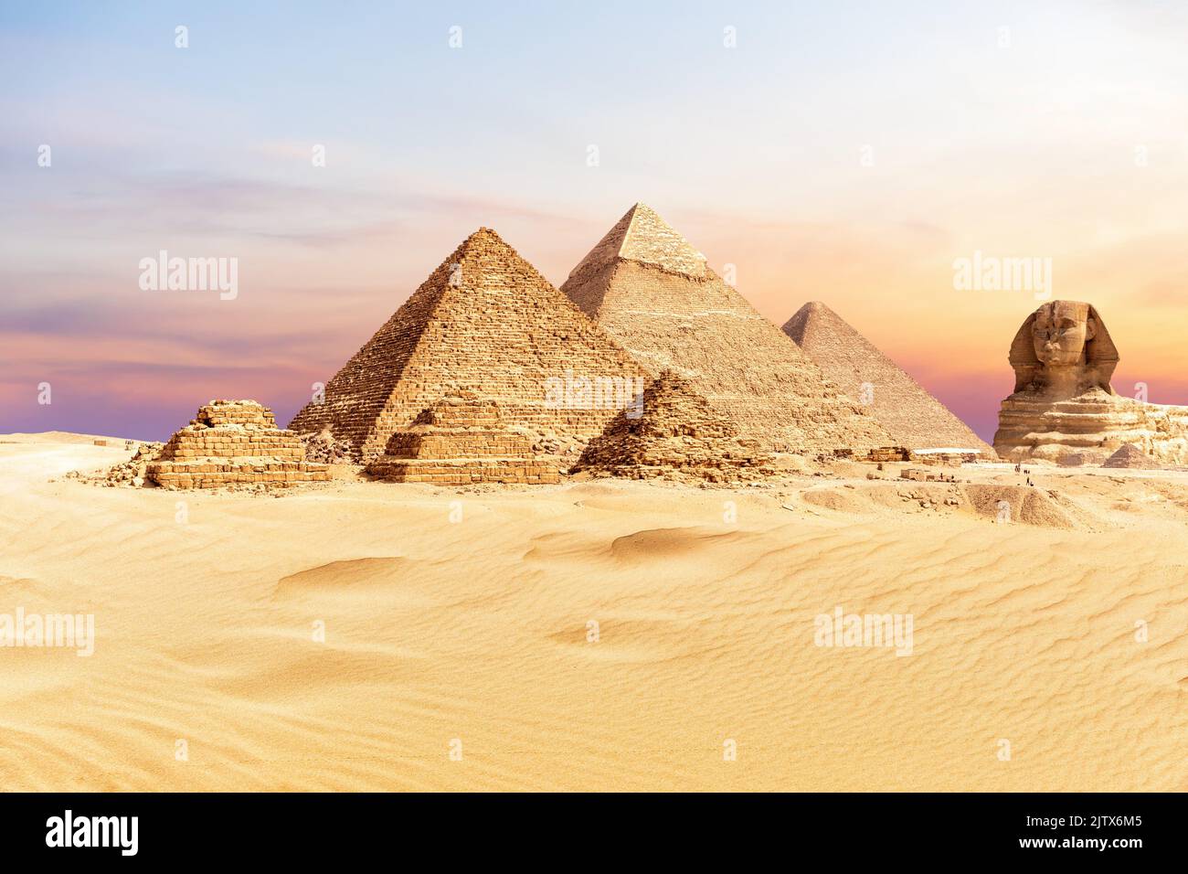 The Great Pyramid Complex in the Giza desert, Egypt. Stock Photo
