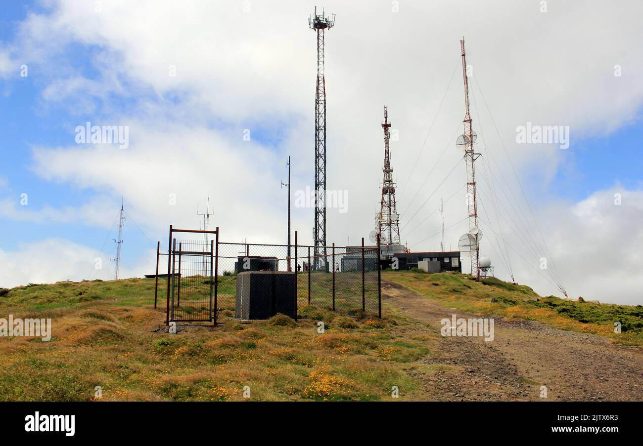 Communications station and antennae on top of the summit of Serra de Santa Barbara, the highest point of Terceira Island, Azores, Portugal Stock Photo