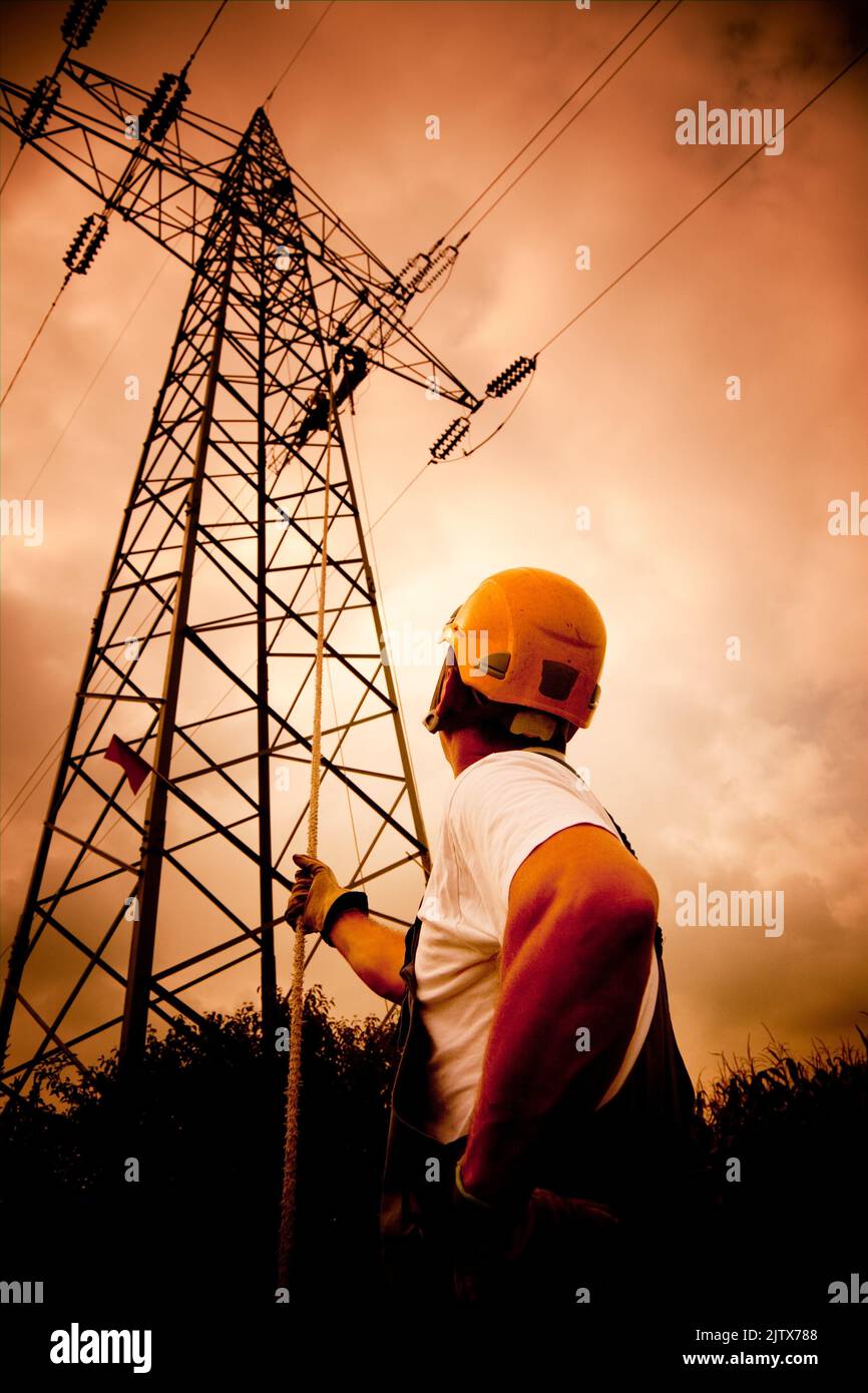 maintenance of high voltage power line Stock Photo Alamy