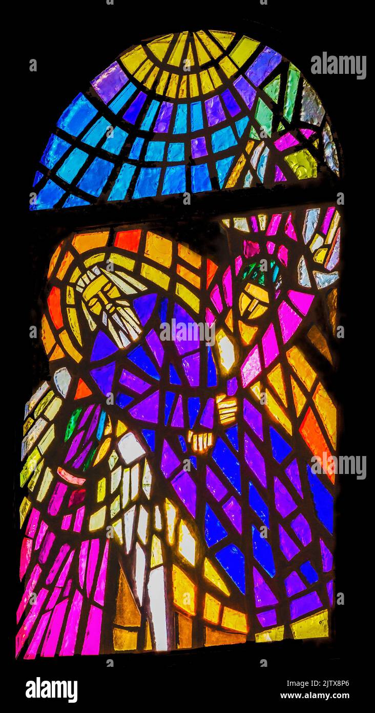 Moses Dead Angels Stained Glass Moses Memorial Church Mount Nebo Jordan. Mount Nebo where Moses saw the holy land and was buried. Stock Photo
