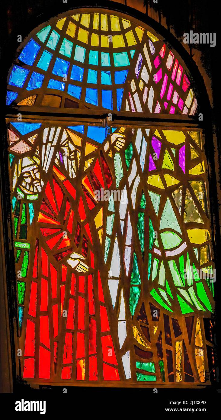 Moses Leading Stained Glass Moses Memorial Church Mount Nebo Jordan Where Moses saw the holy land and was buried. Stock Photo
