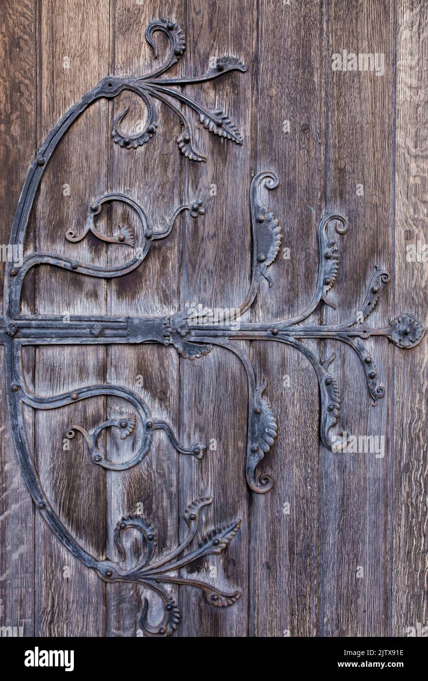 Christ Church Cathedral ground door, Dublin, Ireland. Decorated hinges detail. Stock Photo