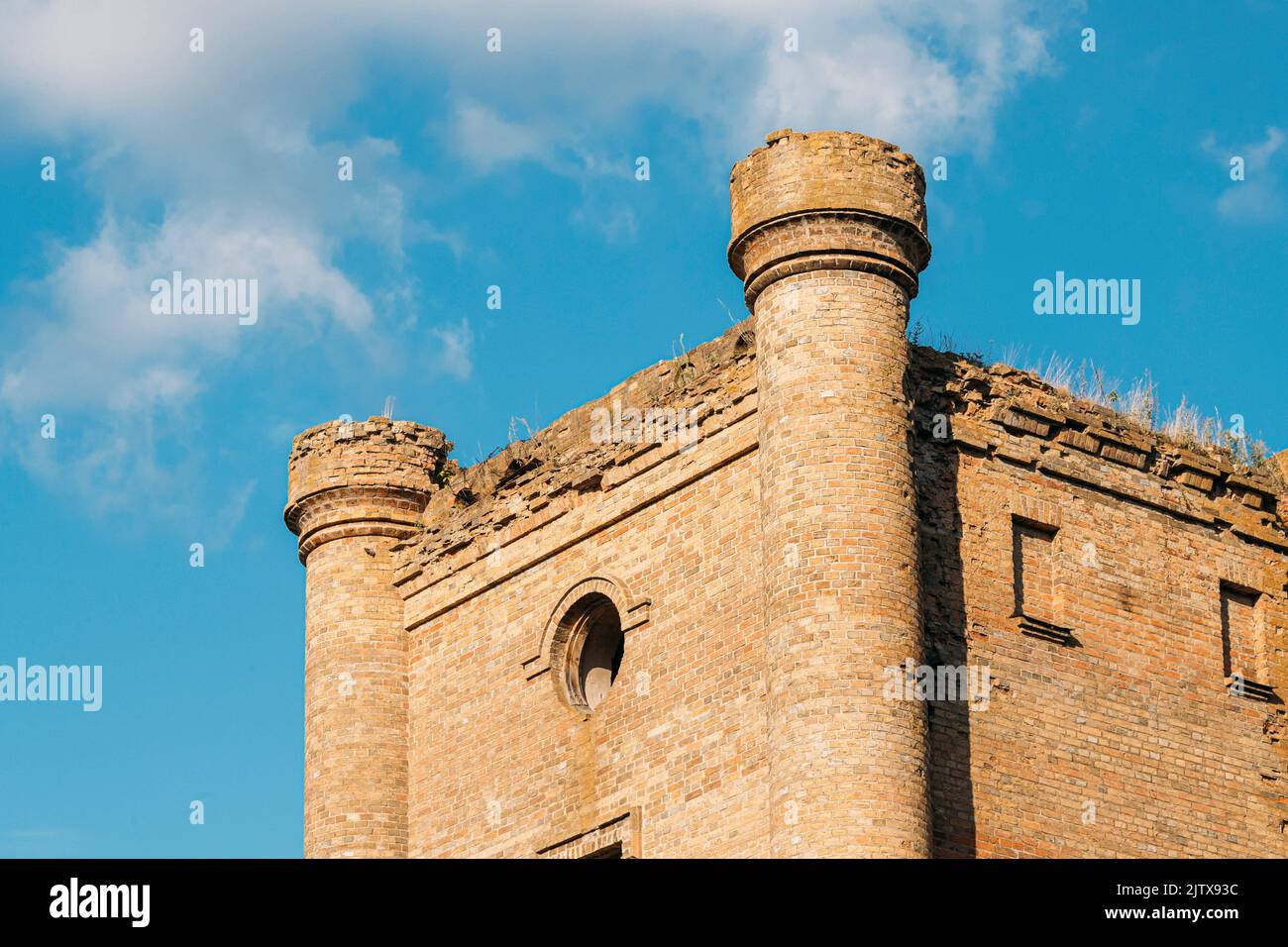 Belarus - Remains Of Yastrzhembsky Estate And Park Complex. Old Five-storey Brick Water Tower. Borisovshchyna, Khoiniki District, Belarus. close up. Stock Photo