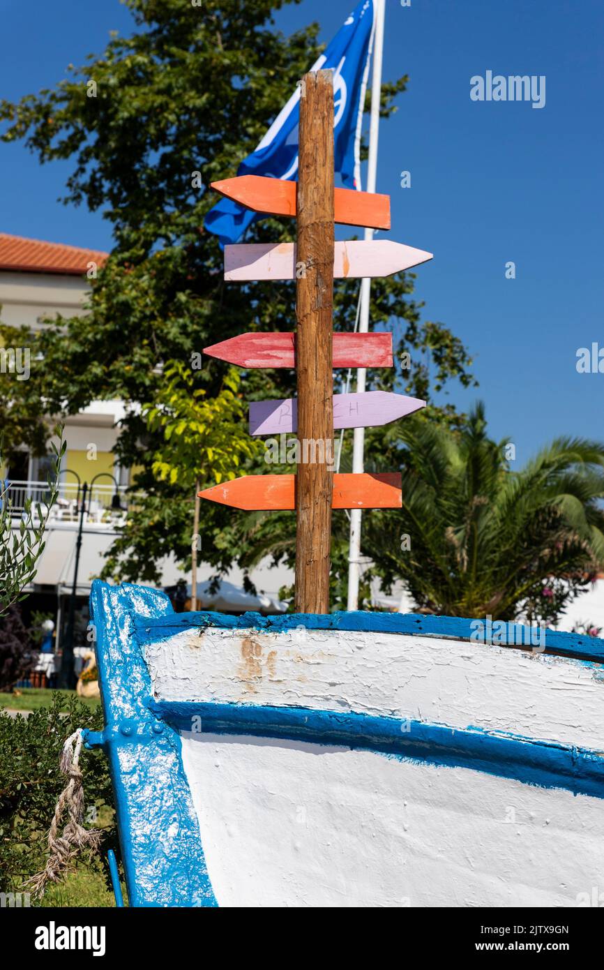 Wooden arrow sign post. Empty boards for your text. Copy space. Stock Photo