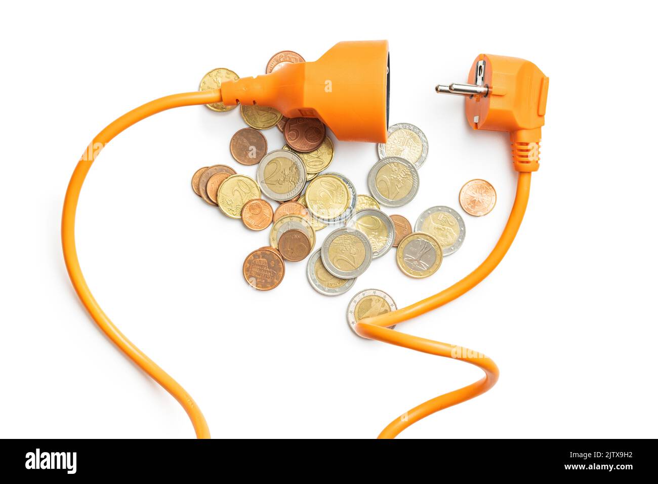 Electric plug and euro coins isolated on the white background. Concept of increasing electricity prices. Stock Photo