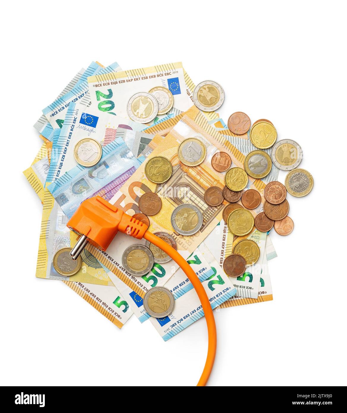 Electric plug and euro money isolated on the white background. Concept of increasing electricity prices. Stock Photo