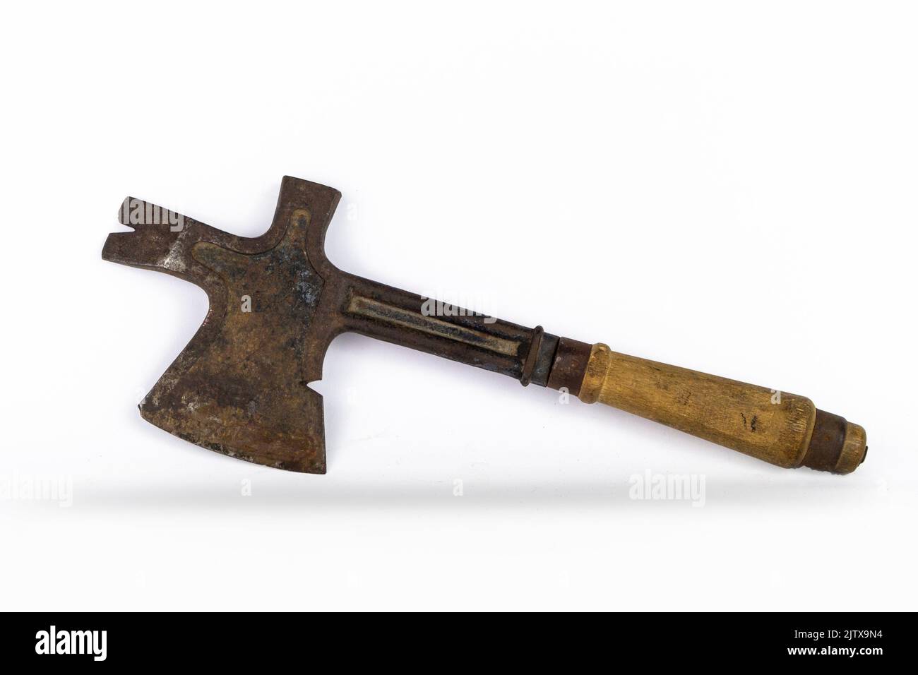 Vintage rusted axe isolated on white background. Stock Photo