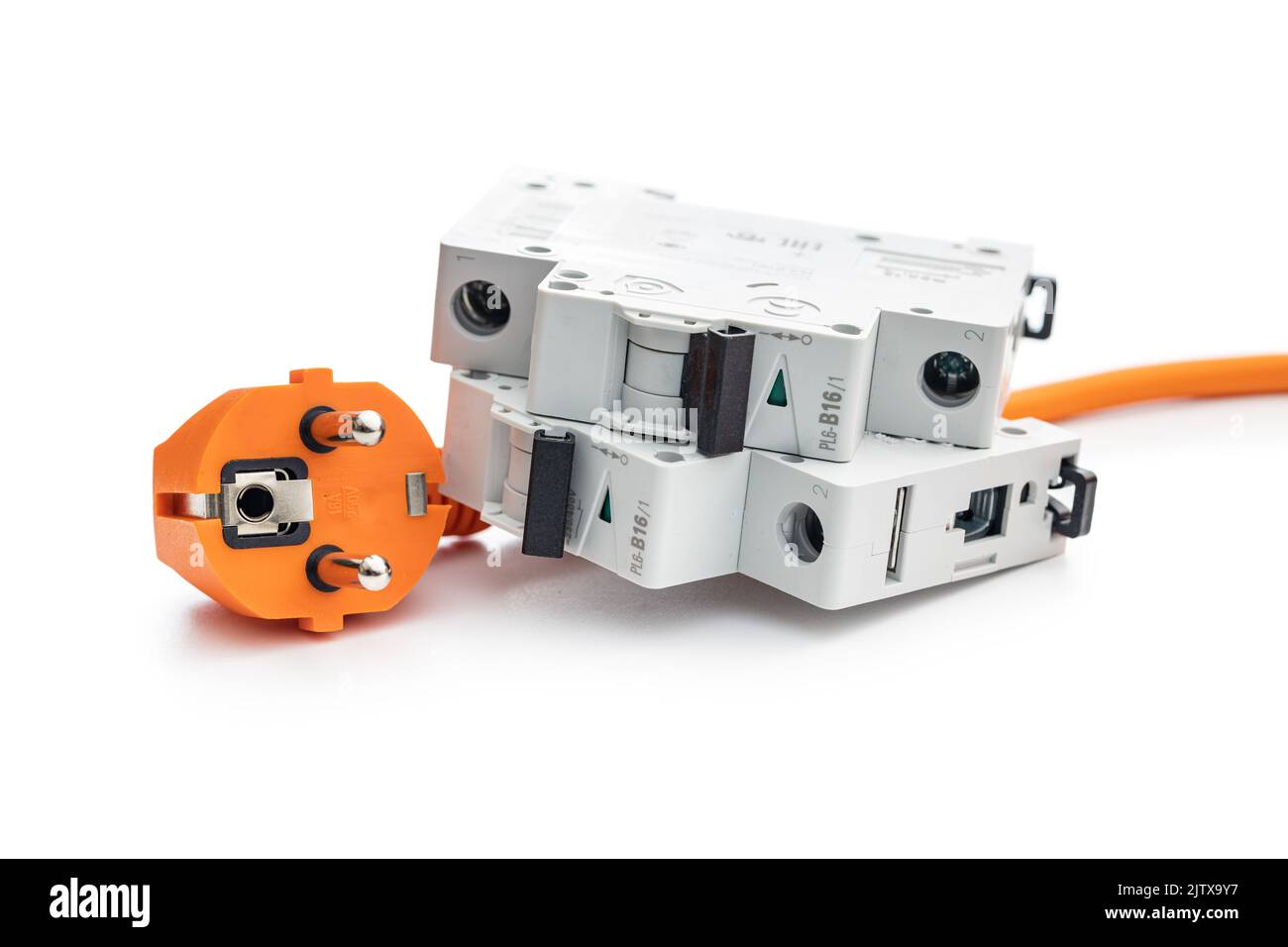 Circuit breaker and orange electric plug isolated on the white