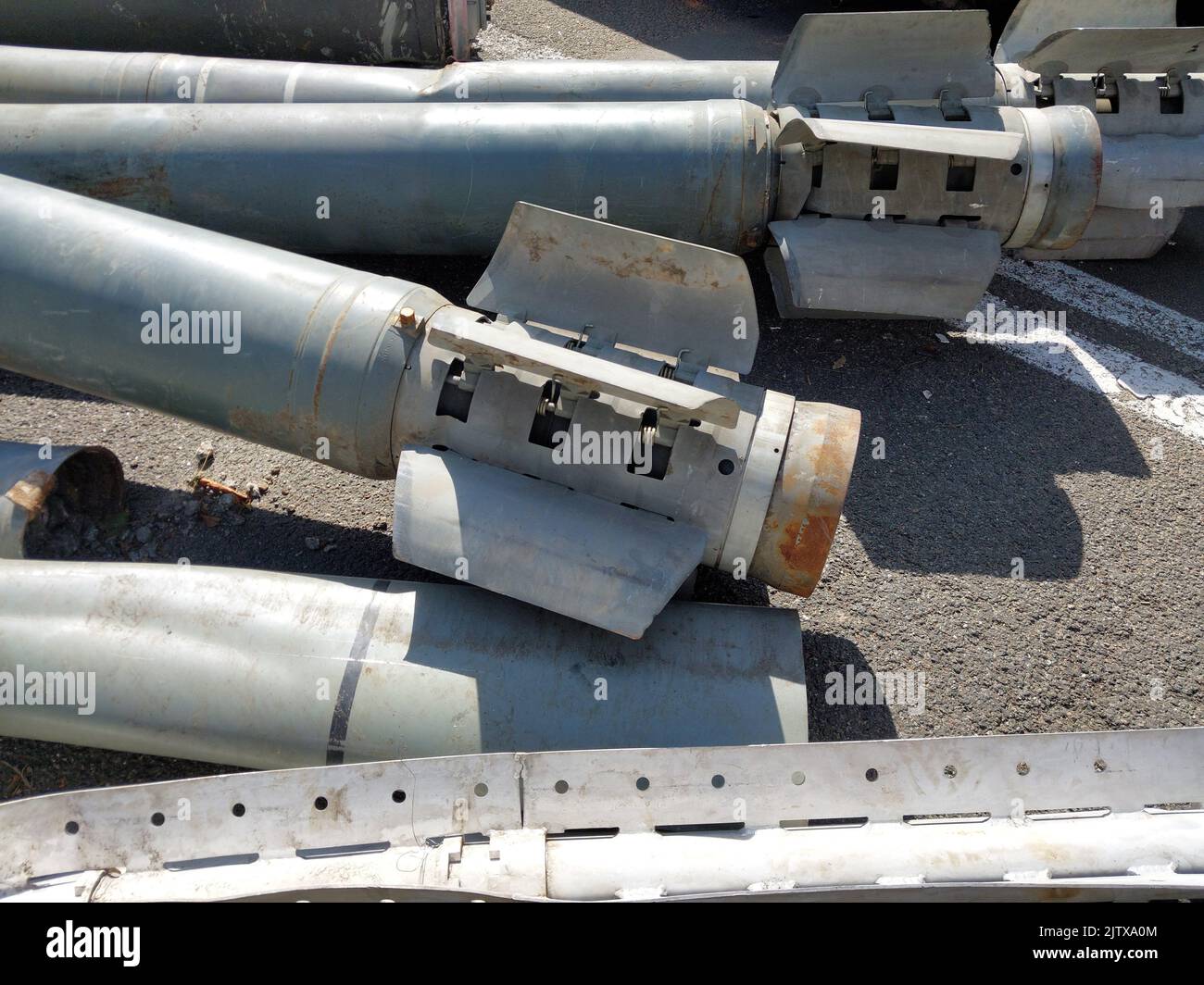 Cluster munition missiles destroyed in a the war. Stock Photo