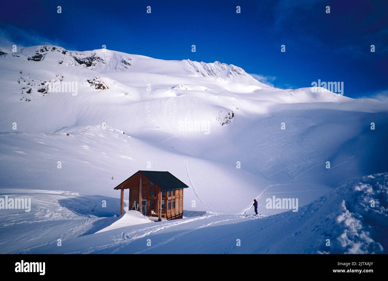 back country skiing at the Asulkan hut in Rogers Pass in British Columbia, Canada. Stock Photo