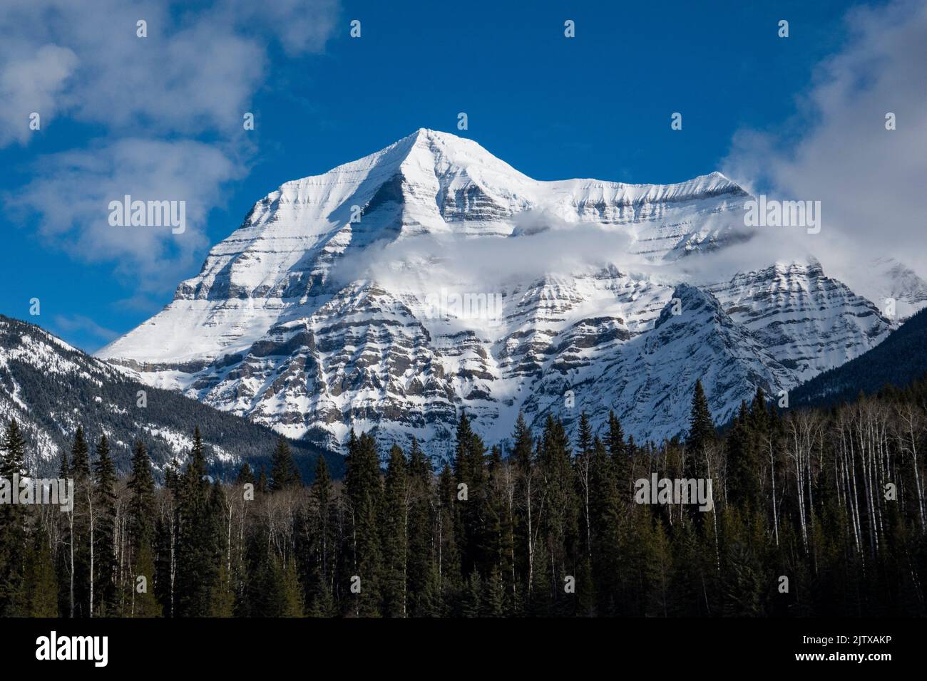 Mount Robson, British Columbia, Canada, the highest mountain in the Canadian Rocky Mountains. Stock Photo