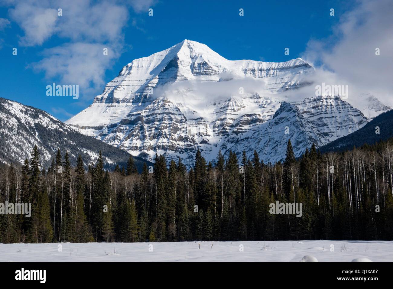 Mount Robson, British Columbia, Canada, the highest mountain in the Canadian Rocky Mountains. Stock Photo