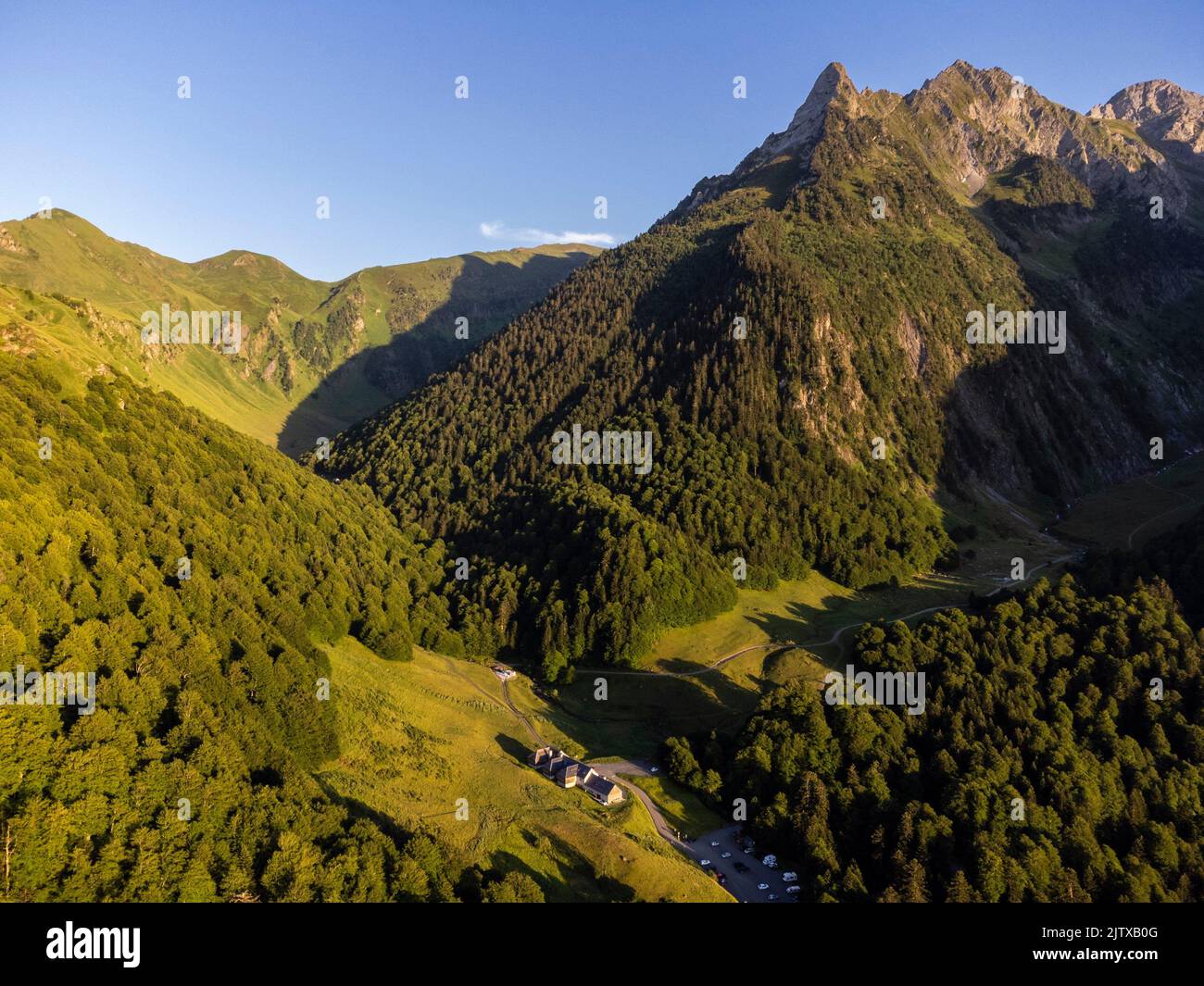 Hospice de France refuge and mountain forest, Freche valley, Luchon, Pyrenean mountain range, France. Stock Photo