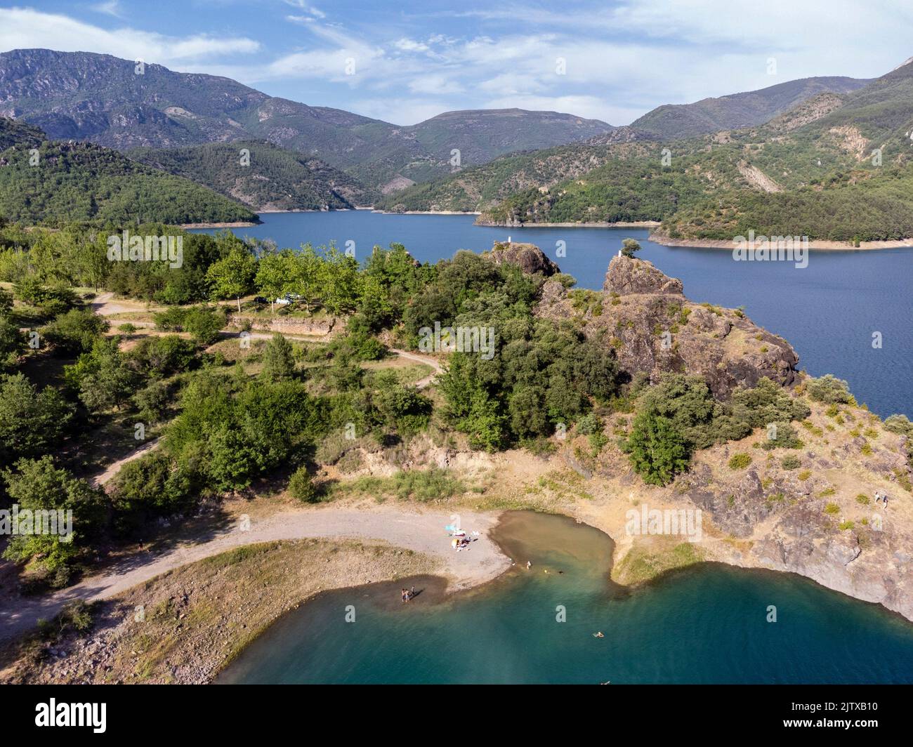 Ermita de Santa Justa or San Clemente beach, Escales reservoir, Noguera Ribagorzana, Huesca, Spain. Stock Photo