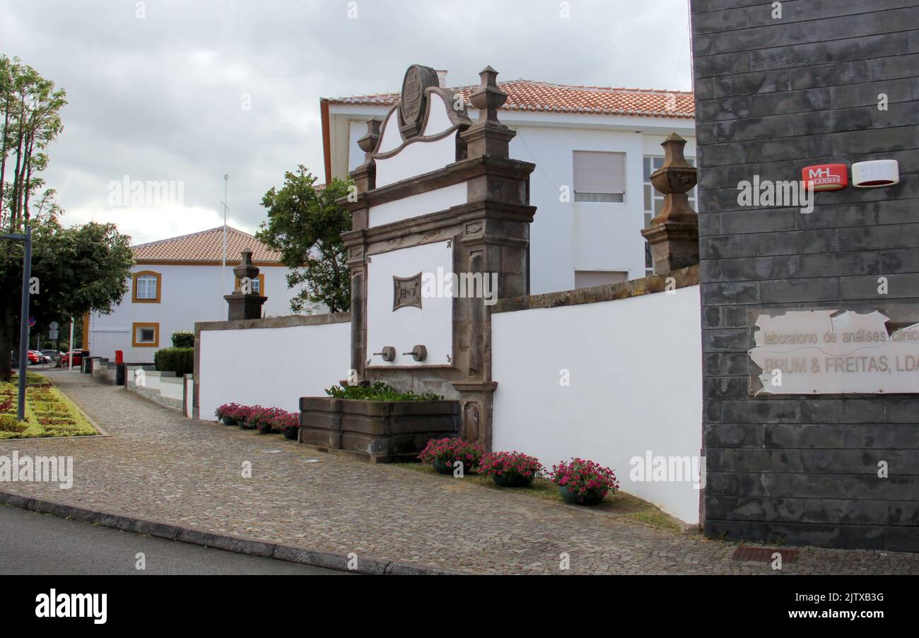 Largo da Luz Fountain, built in the 19th century, historic and architectural landmark, Praia da Vitoria, Terceira, Azores, Portugal Stock Photo